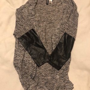cute gray cardigan with leather sleeves